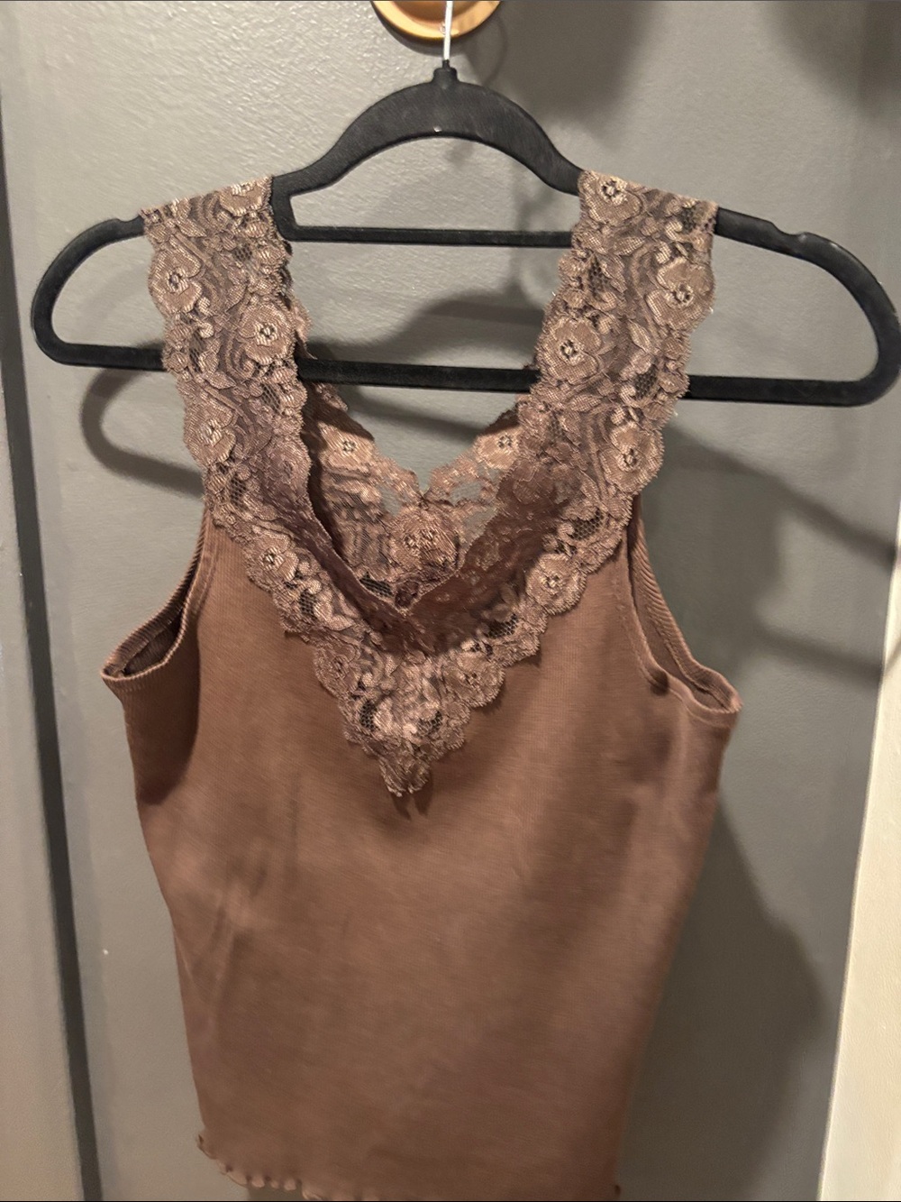 Boston Proper Brown Lace-Trim Sleeveless Shell